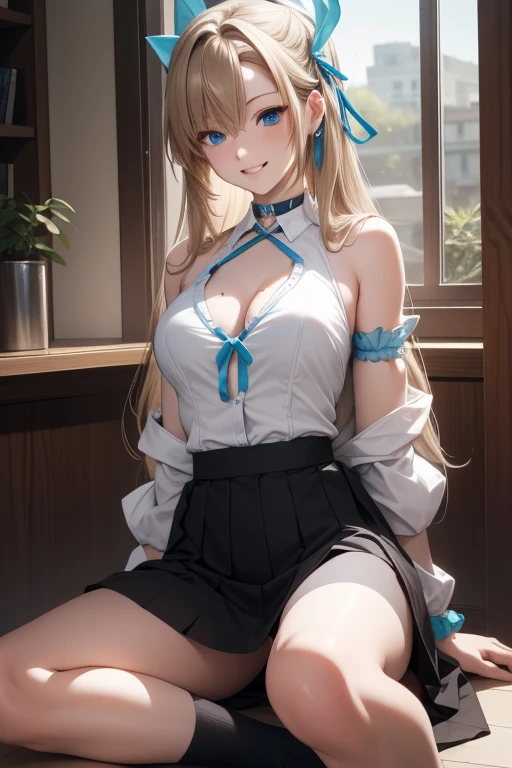 Asuna Ichinose, Asuna Ichinose, blonde hair, blue eyes, hair ribbon, hair ornaments, hair above one eye, Hello, long hair, mole, mole on breast, large breasts, mechanical Hello,
break bow, choker, clavicle, tight hips, dress shirt, hair Scrunchie, miniskirt, , Scrunchie, shirt, skirt, looking at viewer, smiling, sitting on the floor, bare legs,
break classroom, full body,
break (masterpiece:1.2), highest quality, High resolution, unity 8k wallpaper, (figure:0.8), (beautiful and fine eyes:1.6), highly detailed face, perfect lighting, Very detailed CG, (perfect hands, perfect anatomy),