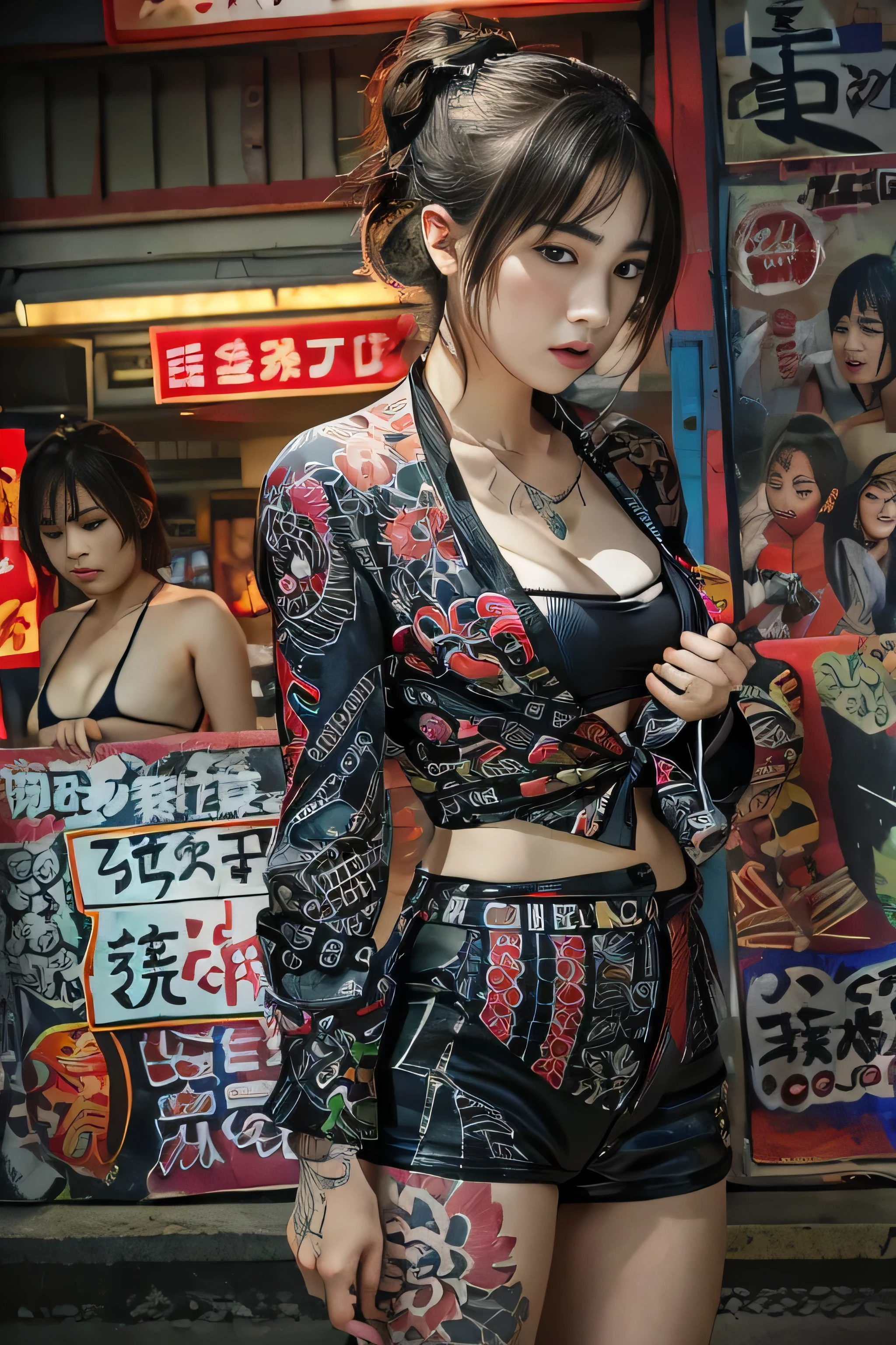 RAW image quality, Japanese, 14 years old, embarrassed expression, Girl and Horihada, Yakuza, japanese mafia, Background of Tokyo Red Light District, realistic, Photoreal, masterpiece, highest quality, Movie photo of a Japan cartel gang with tattoos, spectacular lighting, japanese Yakuza tattoo, Japanese art, Japanese culture, sexy, exotic, erotic, black micro bikini, cleavage, biologically correct,