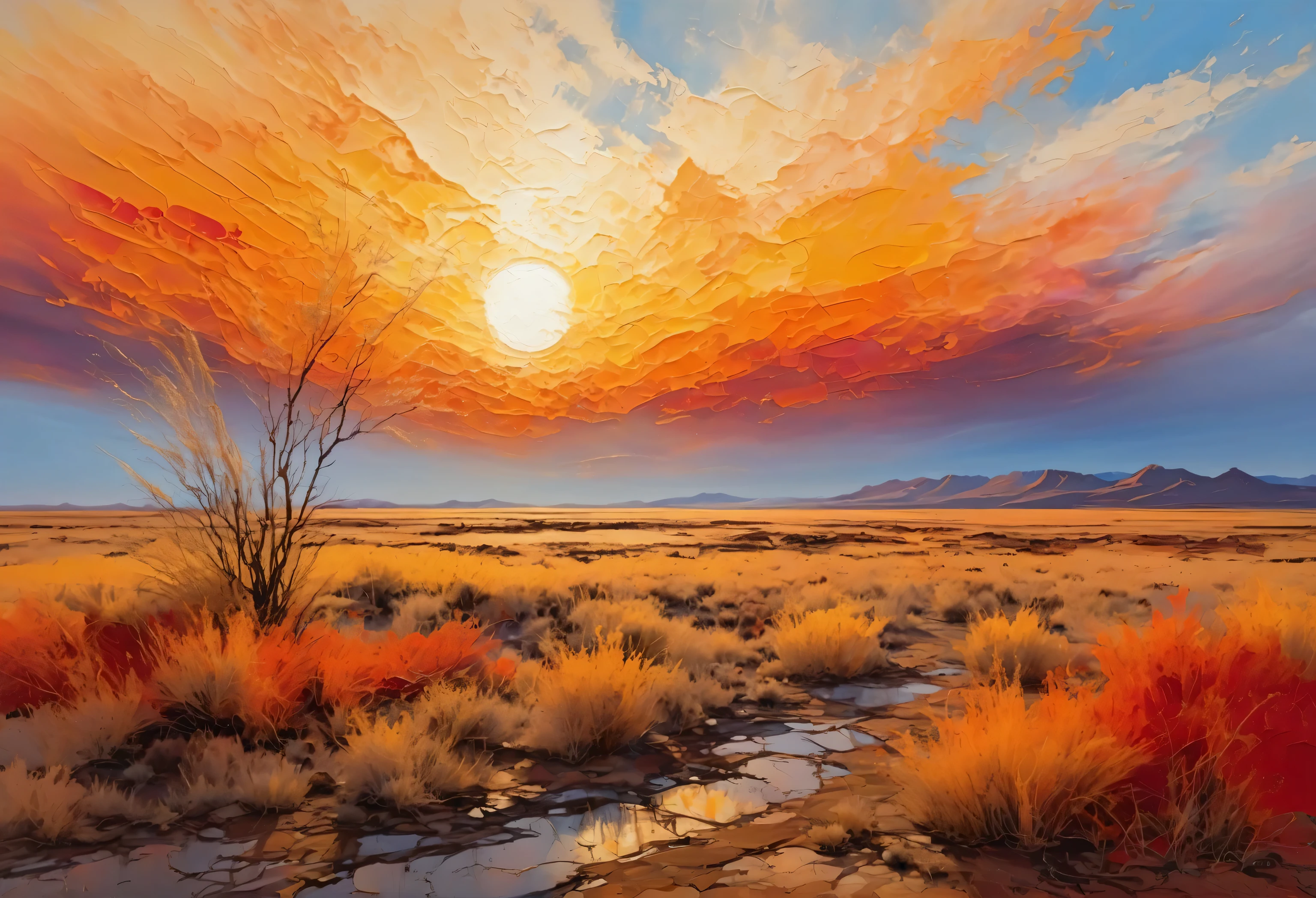 A bare birch tree at the left side foreground in dry wild grass plain dessert, abstract setting sun in the textured cloud sky, abstract stylelized thick mixed oil veil on canvas with expressive brush strokes painting style,use color palette of hot and dry red, orange,light yellow and earthen tone