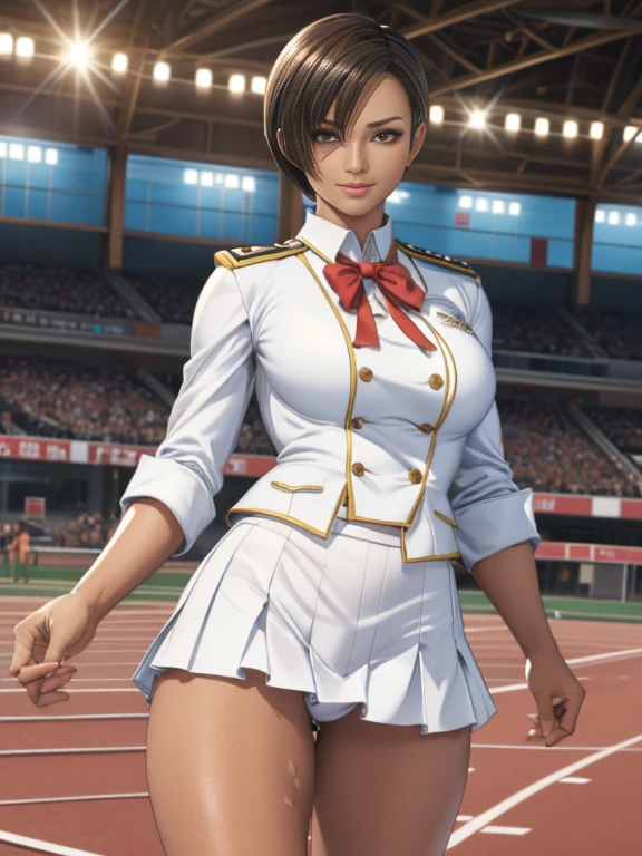 view from front,cowboy shot,Japanese,beautiful girl ,standing,running:1.2,legs spread,Peeing self:1.2, , peeing self, in track and field,(abs),(slender body),athletic,black hair, smile, white bloomers,(white uniform:1.2),track and field uniform,,very short hairstyle,(pee stain),super realistic person, RAW photo, real person:1.2, photorealistic, (very detailed skin:1.2), (very realistic skin:1.2),