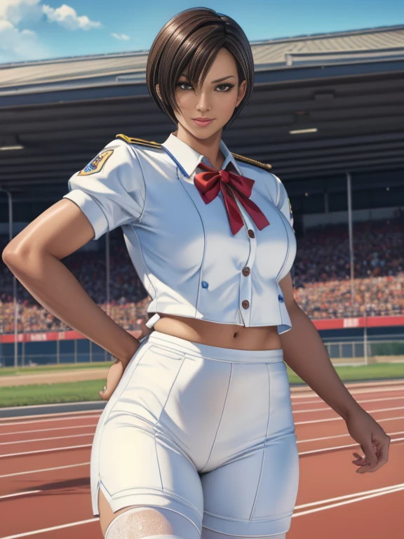 view from front,cowboy shot,Japanese,beautiful girl ,standing,running:1.2,legs spread,Peeing self:1.2, , peeing self, in track and field,(abs),(slender body),athletic,black hair, smile, white bloomers,(white uniform:1.2),track and field uniform,,very short hairstyle,(pee stain),super realistic person, RAW photo, real person:1.2, photorealistic, (very detailed skin:1.2), (very realistic skin:1.2),