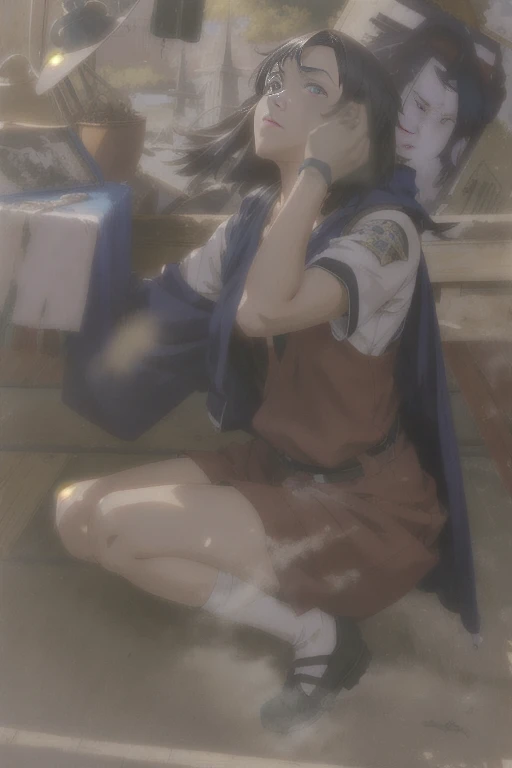 chica anime sentada en el suelo con la mano en la cabeza, obra de arte al estilo de guweiz, guweiz, the anime girl is crouching, Makoto Shinkai. renderizado digital, anime fotorrealista, pintado en estudio de pintor anime, also, kantai collection style, hecho con estudio de pintor anime, makoto sinkai, low quality photography
