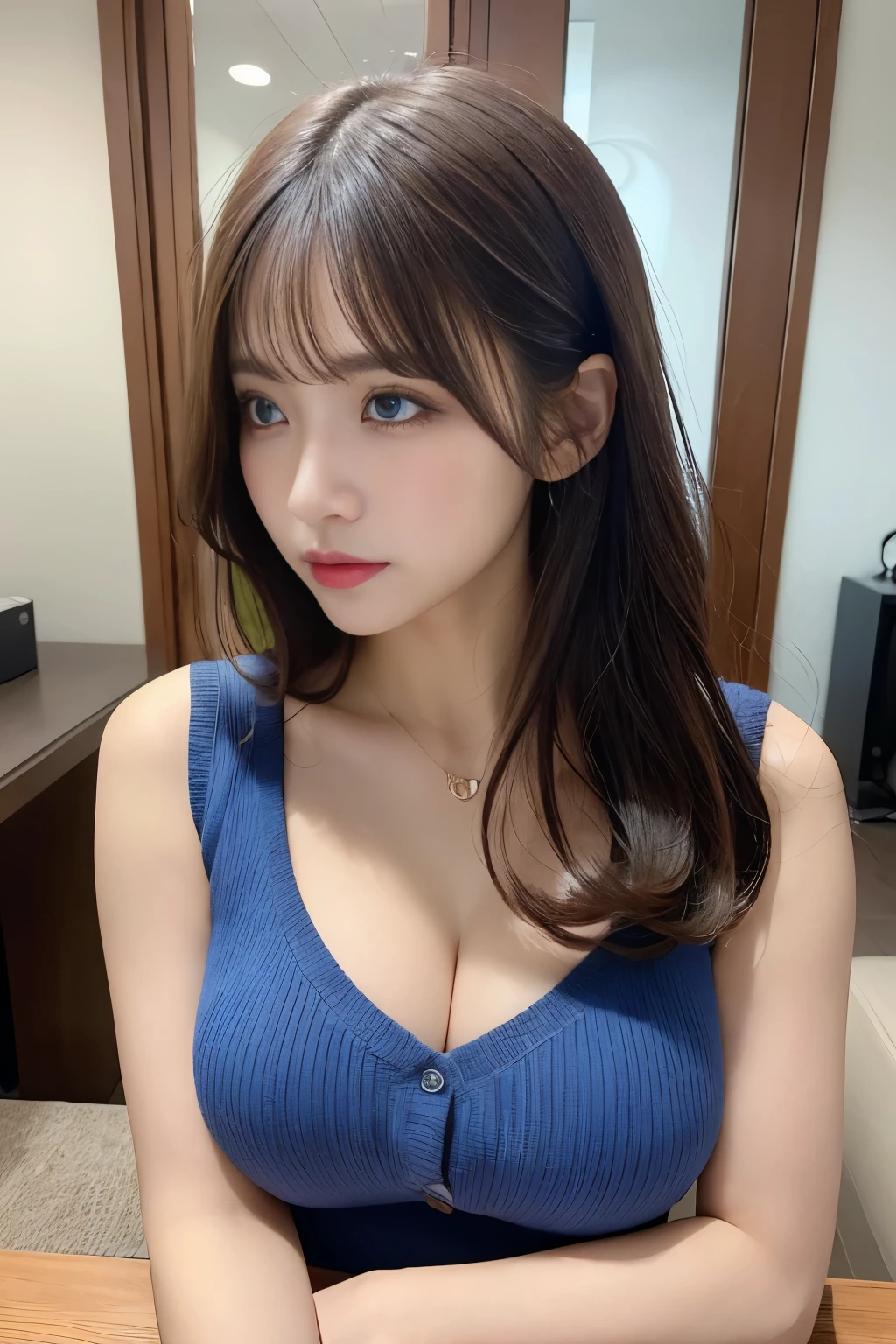 table top, highest quality, shape, Super detailed, finely, High resolution, 8k wallpaper, 完璧なダイナミックな構shape, beautiful and detailed eyes, (Change your eye color to baby blue:1.3), natural lip, long eyelashes, heavy makeup, sexy knit dress , big breasts, cleavage, random sexy pose, whole body、look away、Face facing down