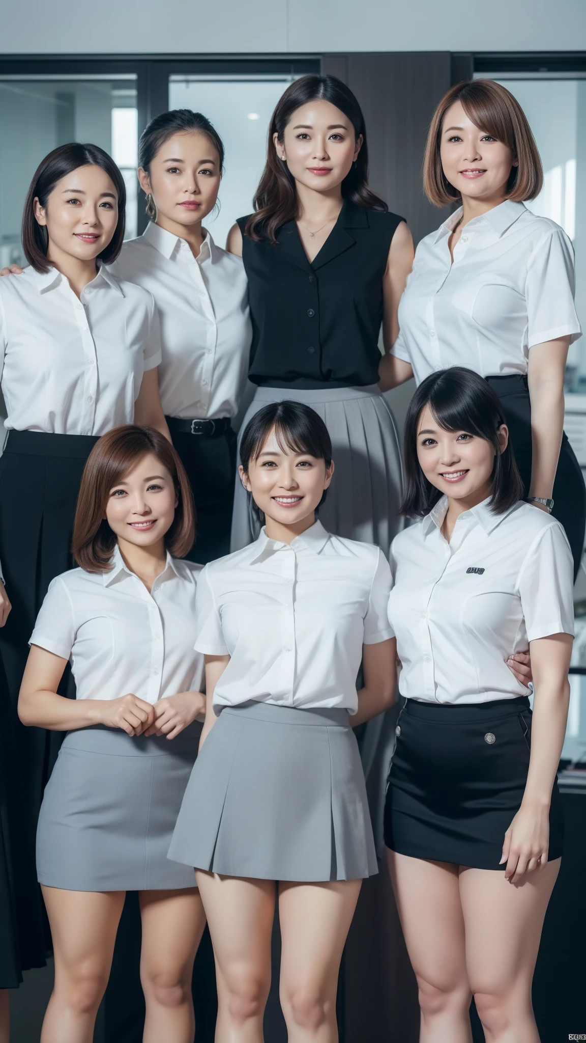 ((highest quality, 8K, Representative works in detail, ultra high resolution)), (group photo), (looking at the viewer), (middle shot:), Five attractive businesswomen,5 women,Young and mature office ladies、 a little chubby:0.25, white short sleeve collared shirt, gray tight skirt, mini skirt、Very short skirt、 smile, office、