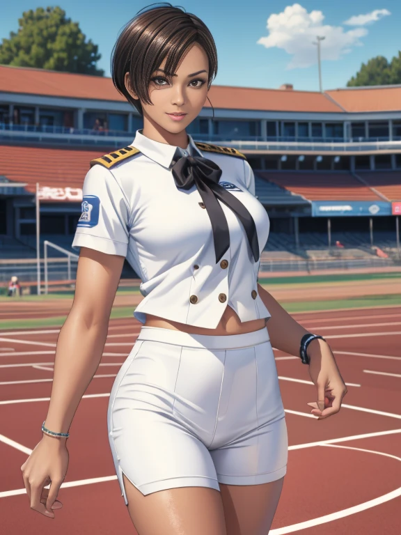 view from front,cowboy shot,Japanese,beautiful girl ,standing,running:1.2,legs spread,Peeing self:1.2, , peeing self, in track and field,(abs),(slender body),athletic,black hair, smile, white bloomers,(white uniform:1.2),track and field uniform,,very short hairstyle,(pee stain),super realistic person, RAW photo, real person:1.2, photorealistic, (very detailed skin:1.2), (very realistic skin:1.2),