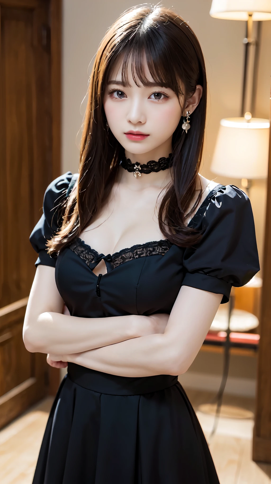 ((Highest quality、masterpiece、8K))、Anatomically correct、Very detailed、High resolution、Realistic、Beautiful white skin、((Beautiful, starry, almond-shaped, detailed eyes))、Well-formed nose bridge、Intricate details、Cinematic lighting、((Sit on a chair))、((Dark room without light))、((Dimly lit))、(((The desk in front of me)))(((A large crystal ball on a desk)))(((Cover the crystal ball with both hands)))、(((A beautiful black dress that covers the neck)))