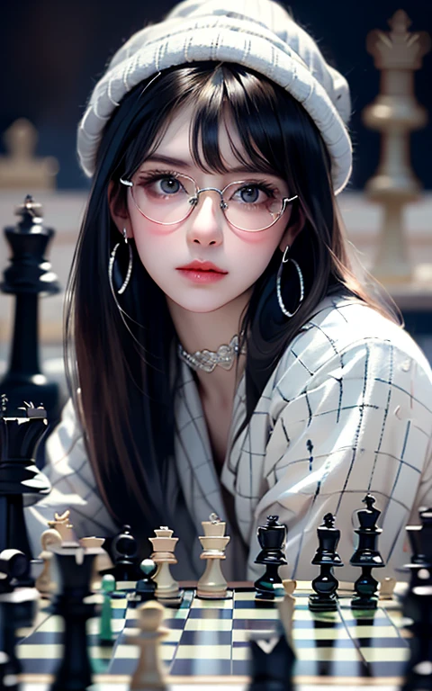 masterpiece, best quality, 32k uhd, insane details, intricate details, hyperdetailed, hyper quality, high detail, ultra detailed, Masterpiece, blurry backgrounddepth of field(wide shot, wide-angle lens,Panoramic:1.2),super vista, super wide AngleLow Angle shooting, super wide lens,
1girlsolo(chess piece:1.4)A mature facesideways glance, (cold attitude,eyeshadow,eyeliner:0.5),watery eyes,mole under eyeHat, (glasses:1.5)
jewelry earringschokercleavageeyes with light,
