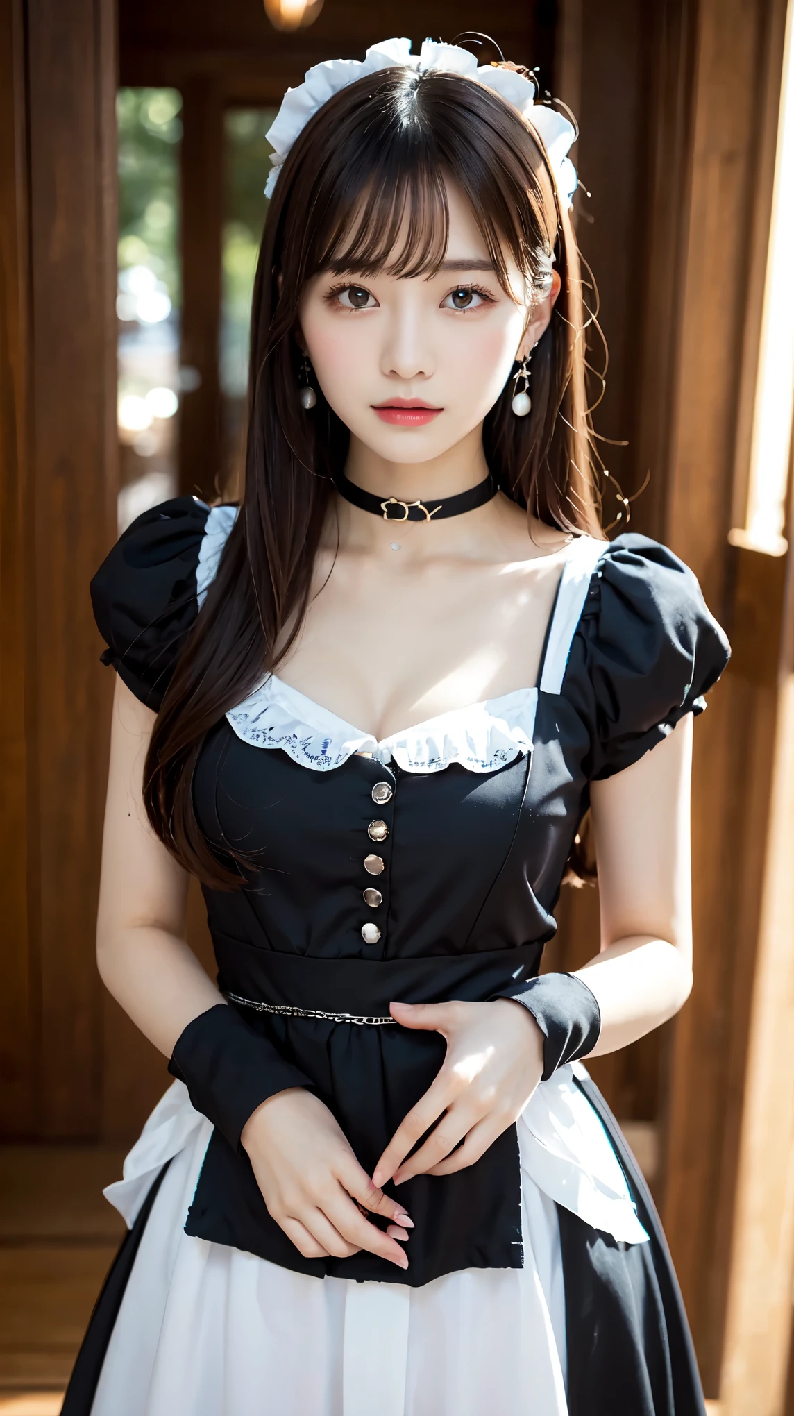 Wear the cutest gothic maid outfit in the world,The cutest maid choker in the world、The cutest gloves in the world、The most beautiful skin in the world、The most beautiful earrings in the world、The cutest sleeping face in the world、The cutest gravure idol pose in the world、perfect proportions、cute、((18 year old female:1.2))、young adorable japanese face，official art，Highly detailed CG Unity 8K wallpaper，（masterpiece:1.0),(highest quality:1.0), 超A high resolution,4k,Super detailed, photo shoot, 8K, nffsw, High resolution, kodak portrait 400, film grain, lens flare glow,高いest quality,8K,nffsw:1.2),portrait shot,8K、View viewer