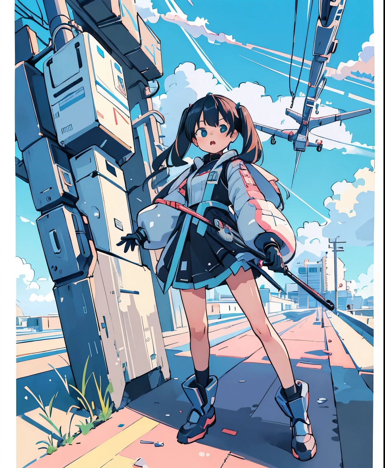 (masterpiece、最high quality、最high quality、official art、beautiful beautiful:1.2)、(1 girl:1.3)Hatsune Miku、twin tails,big breasts,((full body esbian))1 girl,stand position,full body esbian,I can see the whole body, alone,Telepathic Woman, Machine body, cyber punk, The body is mechanical or prosthetic, advanced technology, long silver hair, The aircraft is painted silver,cyber punk design, the eyes are bright blue, 繊細なcyber punkメイク, Advanced technology cane, Deep covering, (Impressionism: 1.4), (tarot: 1.3), Alphonse Mucha, full length, no background, eye reflection, high details, gothic art, Baroque Motion Blur, ray tracing, reflected light, multi view, perspective, ultra wide angle, table top, anatomically correct, Super detailed, high details, high quality, Wearing goggles,she keeps her mouth open,hair standing on end
