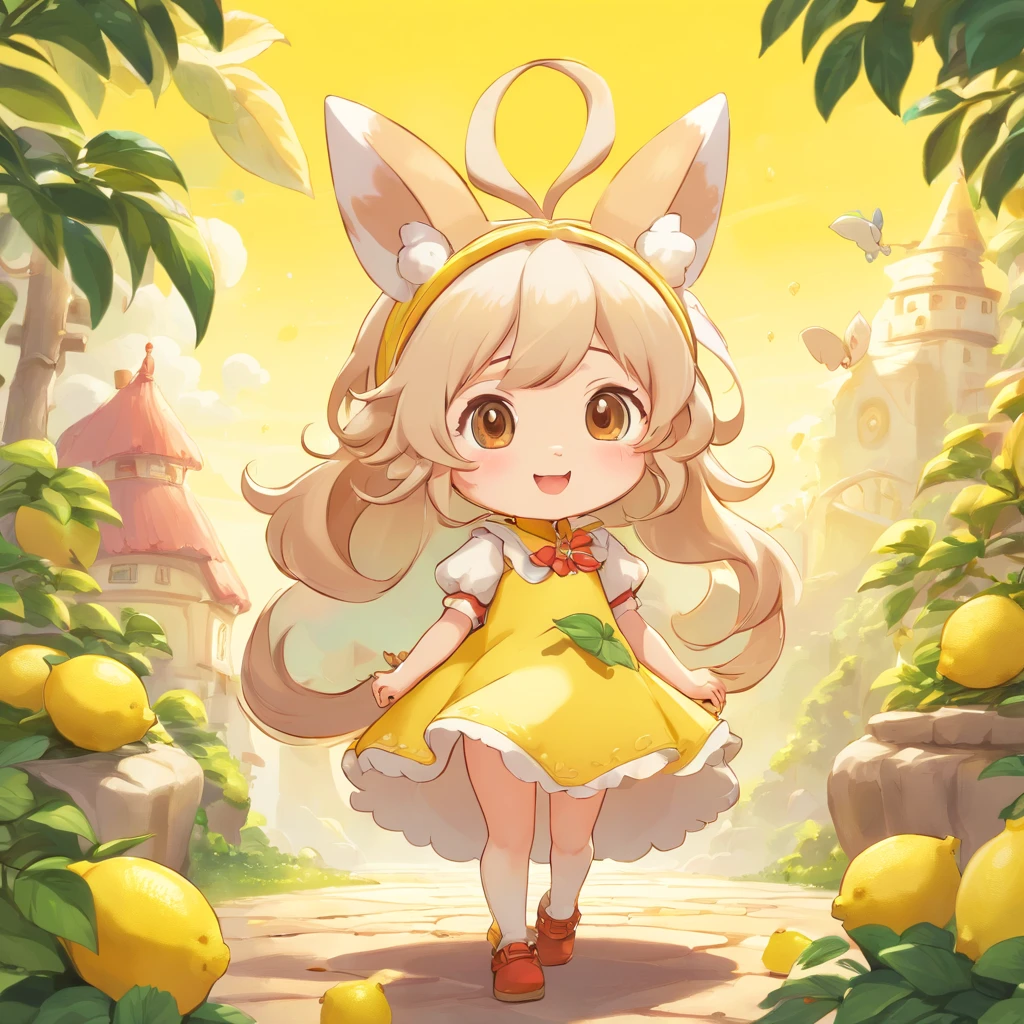 anime style, chibi style lemon meringue from strawberry shortcake, mocha skintone, lemon animal character, gnome background magical, full body, 3D Image