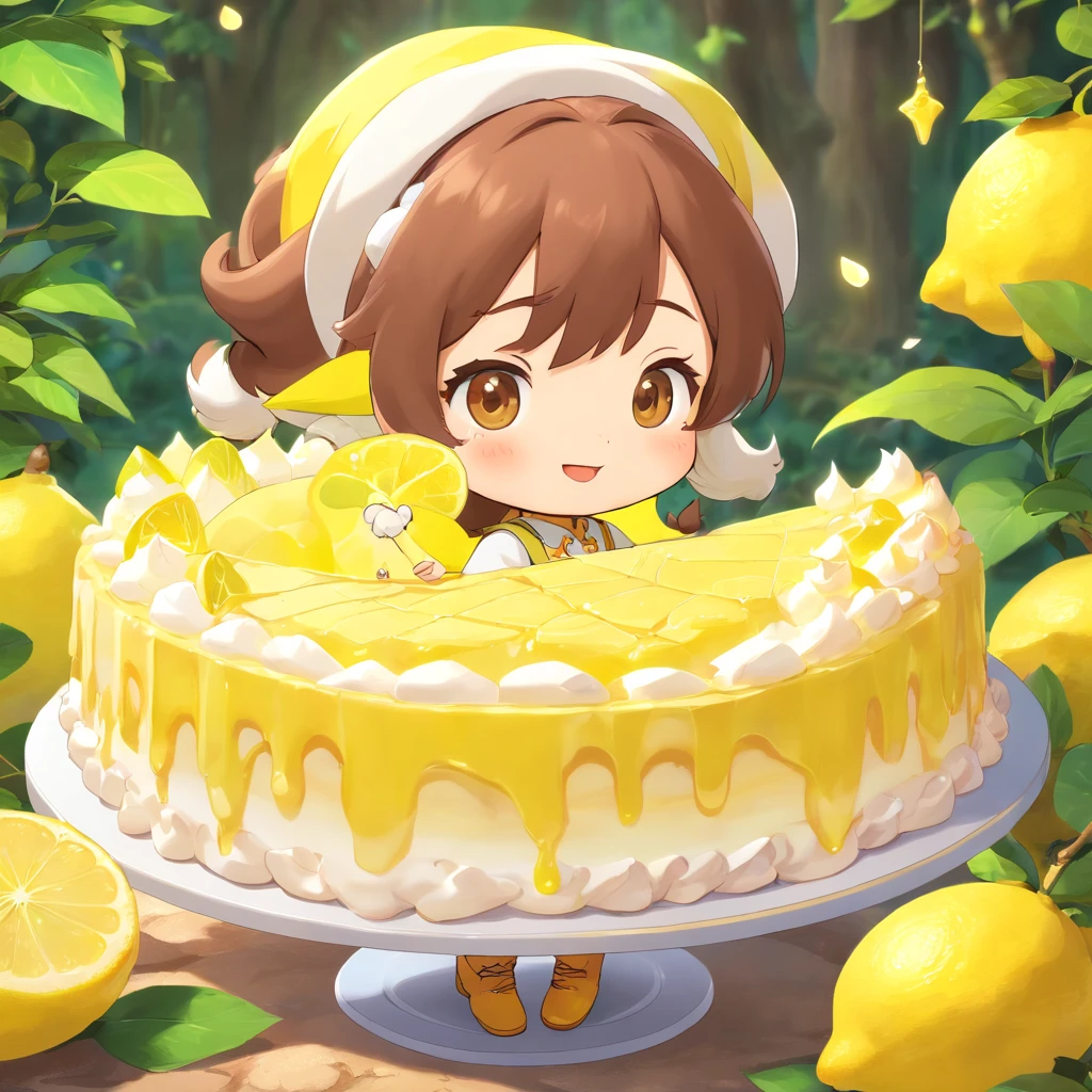 anime style, chibi style lemon meringue from strawberry shortcake, mocha skintone, lemon animal character, gnome background magical, full body, 3D Image 