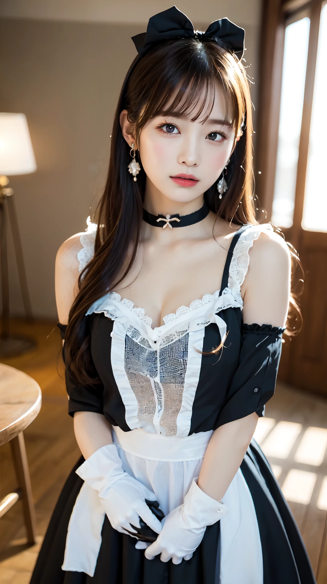 maid,bow,long sleeves, black sleeves, dark brown long tights, frill apron, long apron,cute,Mature milf lad,super cute,full body,nice perfect face with soft skin perfect face,gorgeous long wavy brown-haired,8K resolution,ultra-realistic,ultra-detailed,highs quality,gigantic breasts:1.4)