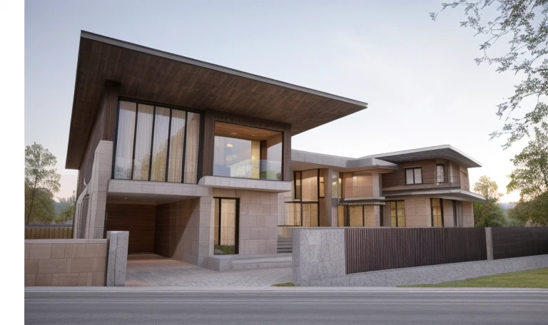 (masterpiece),(high quality), best quality, real,(realistic), super detailed, (full detail),(4k),8k,modern house exterior design,Modern architecture,Sandstone,whitewall,Beautiful_sky,Day light, no_humans, outdoors,sky,tree,Garden flower front of building,