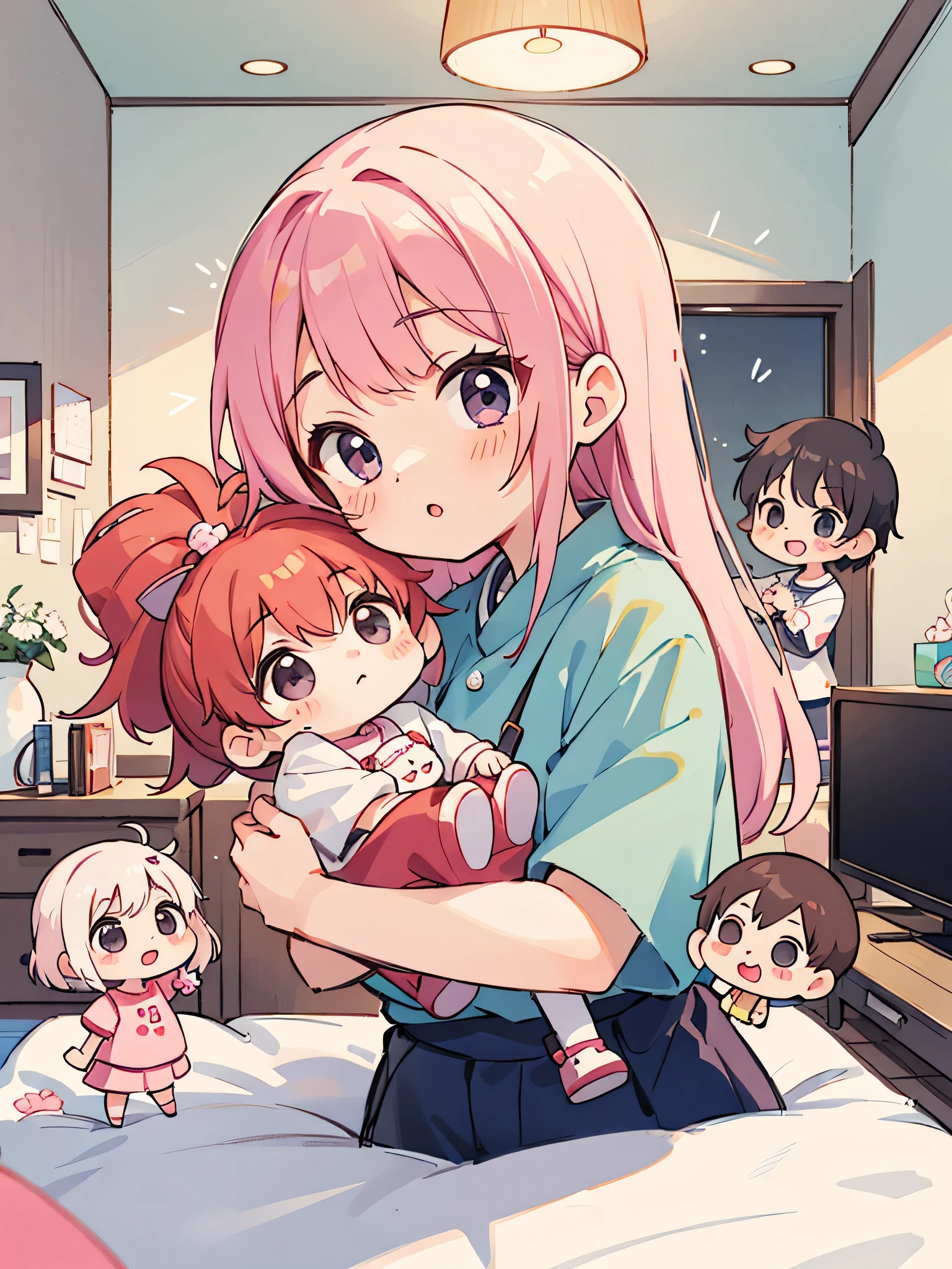 Momoko Sakura style, Kawaii Design, (((3 people)))、most beautiful girl ever、((Chibi, Dad and Mom))、living room