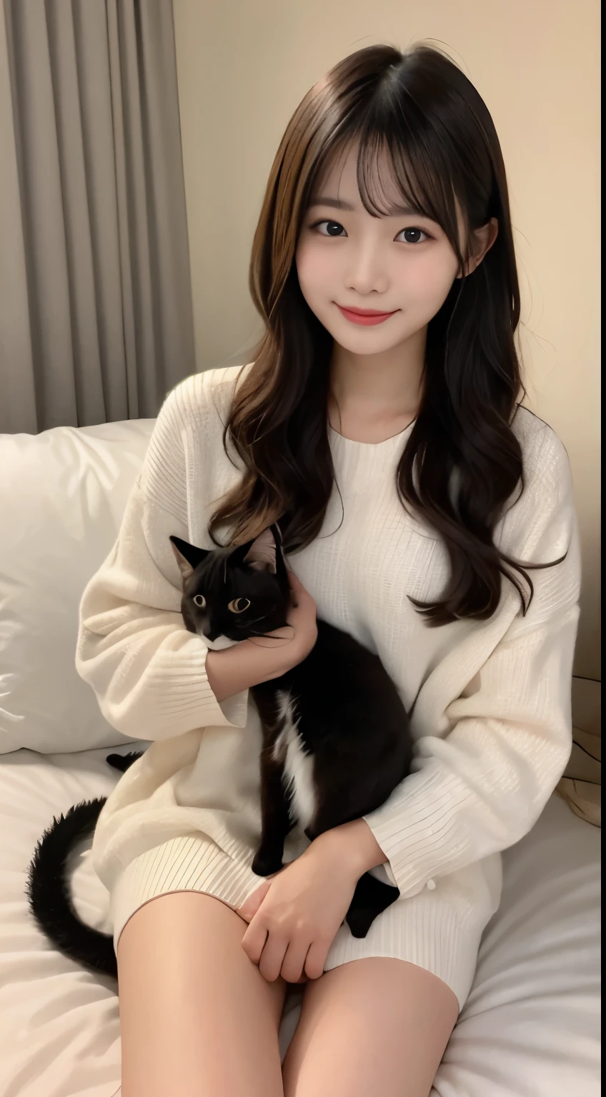 1 girl, 20 year old girl, beautiful girl,big breast,oversized woollen fluffy t-shirts, set on L-Shape sofa, beautiful wall with a painting, pet cat in arm, pet cat , cat in hand, girl hold cat,apartment hall room, cute smile