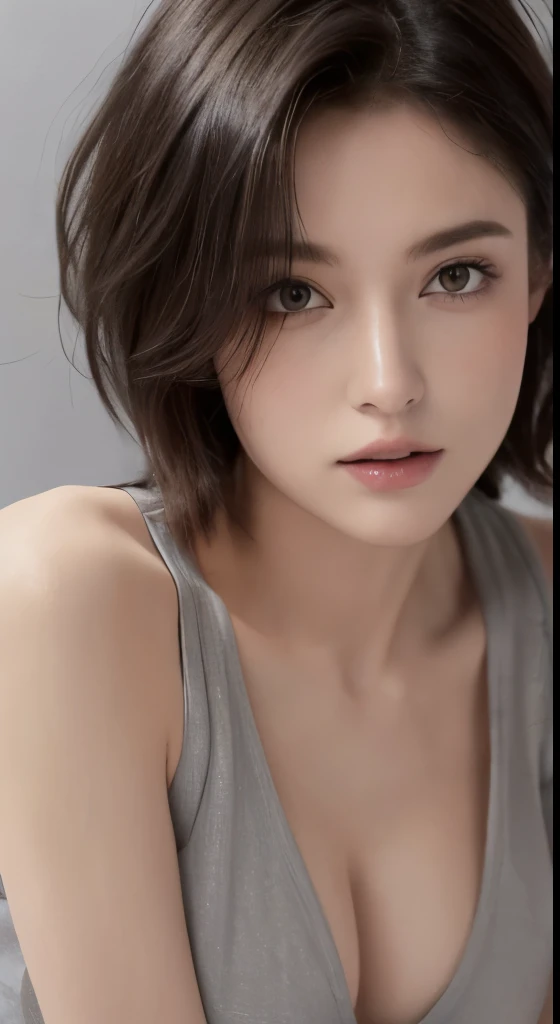 8k uhd、RAWphotograph、モデルphotograph撮影、(masterpiece, highest quality, photorealistic, High resolution, photograph: 1.3), Close-up, Focusing, hot models, slim, 30 year old mature woman、small face、short cut hair、dark brown hair、Detailed beautiful eyes、realな肌, (perfect body), Sexy hot face, erotic, sexual gaze, slim, Sweat top, Detailed beautiful eyes、glossy lips、small breasts、、bust B cup、((bright light、dynamic lighting、real、超real、 realism、realistic details、Cool Beauty、cool pose、background gray、sexy costume、Plain gray background