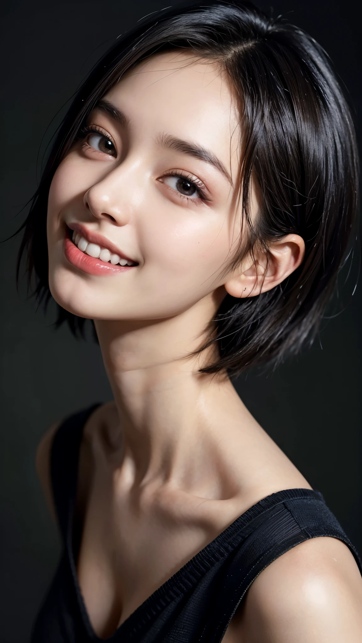 highest quality, masterpiece, ultra high resolution, (realistic:1.4), (portrait facing each other) Raw photo, 1 girl, Sexy black underwear,24-years-old,((sister)),((short hair)),((looking up at the viewer)),realistic,((Simple solid color background)), picture media chest)),((toothy smile)),