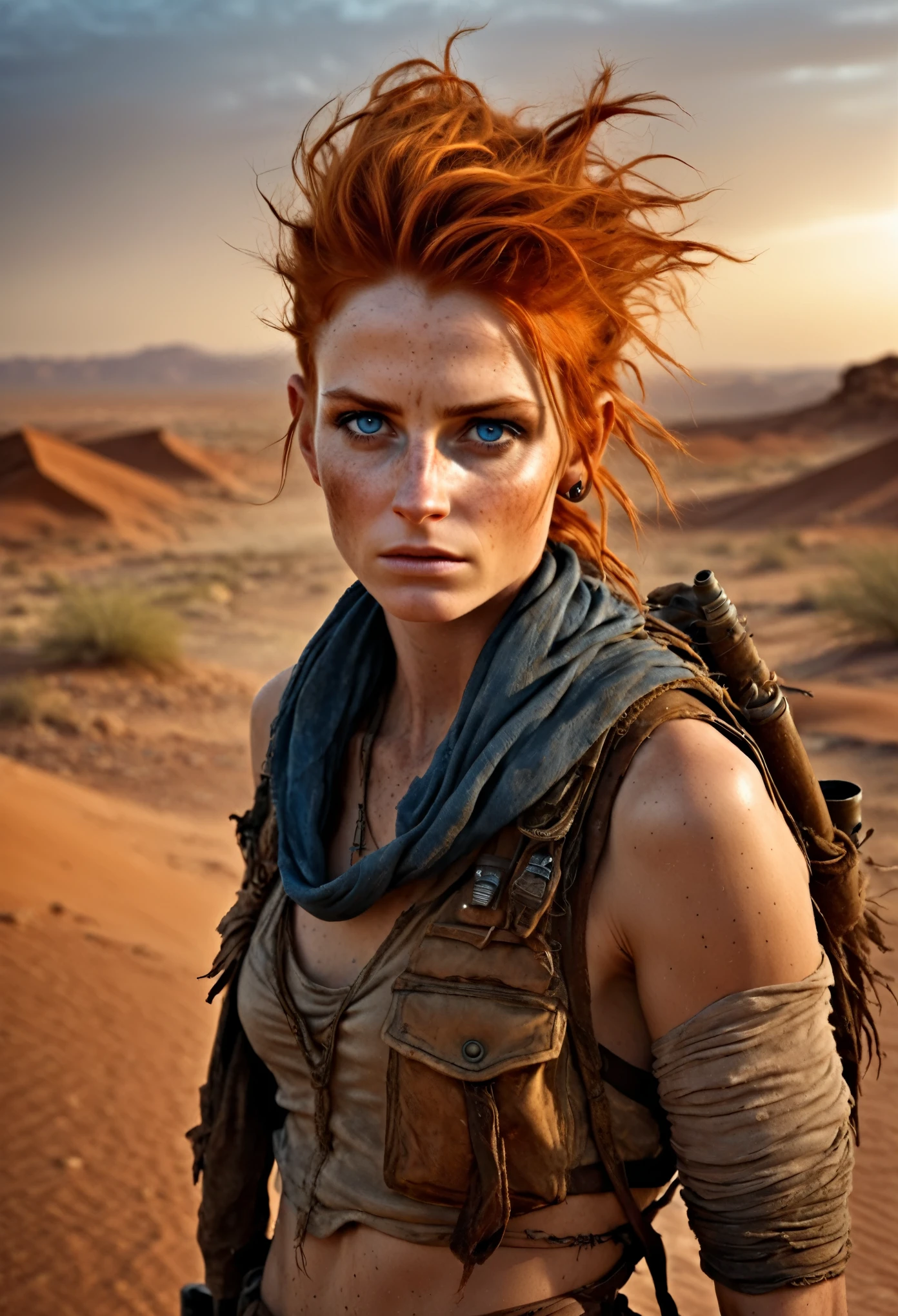 photorealistic, (Masterpiece photo), full body shot, a desert post apocalyptic landscape at sunset, (in the style of desert rangers from "Wasteland"), a cute woman with ginger short disheveled hair, post apocalyptic nomadic clothes, natural skin texture, blue-grey eyes, some freckles on face, skinny runners body, detailed face, and eyes, ultra realistic face, looking tired, tattered fabric, unconventional accessories, action movie picture,  in dinamic, dark arts, 16K, ultra high res, analog photo style, depth of  field,  UHD, RAW, DSLR