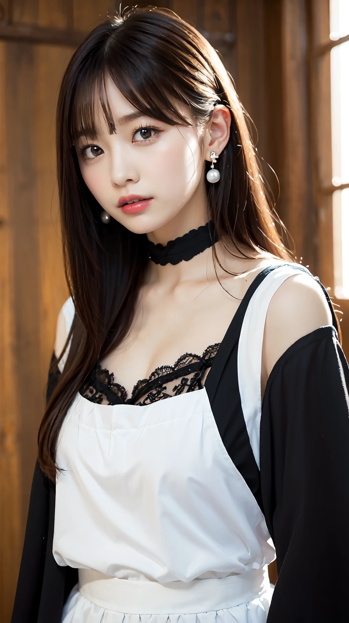 (Highest quality、8K、32k、masterpiece、Best Quality、Realistic）)、Black Hair、Medium Hair、Short bangs、（Large Breasts、Wearing a short-sleeved dress:1.3）、Selfie、Sitting、M-shaped legs、Idol、room、Wearing loose cloth shorts
