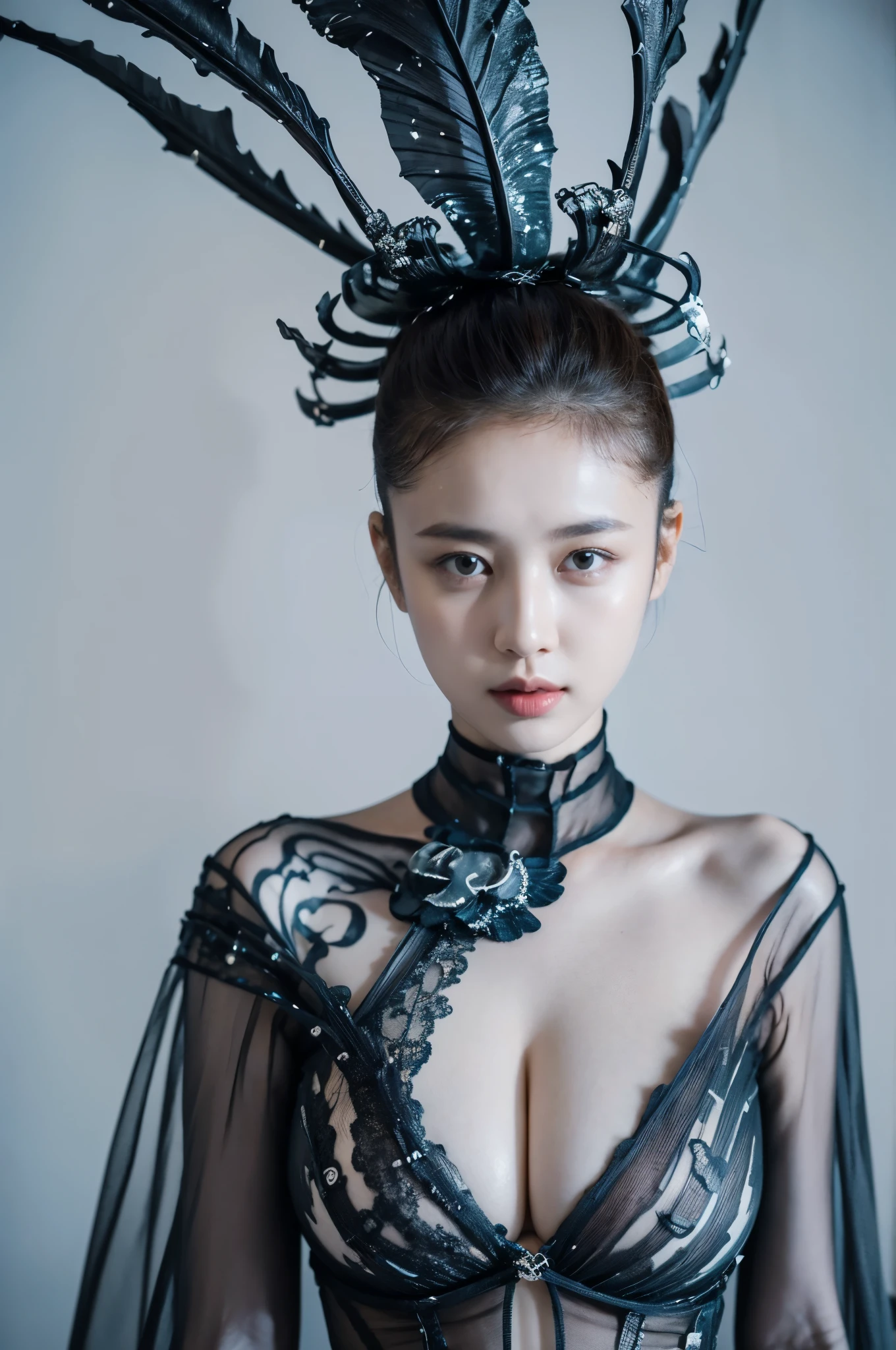 Clothing creative fashion design，Iris van Herpen designer style，Marine life curve，sense of lines，bone structure，Symmetrical design，Blue and white lines，Highlight sexiness，Japanese model，big breasts，Hot