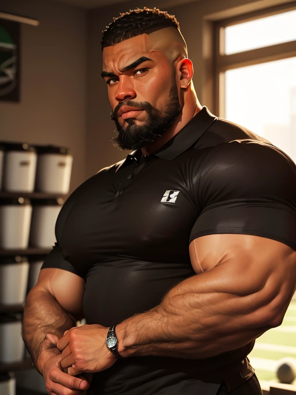 an exaggeratedly muscular and large bodyguard, beefy build, beard, dark-skinned african american male, buzzcut hair with square line, (wearing sports polo shirt: 1.2), sports logo patch on shirt, (bara pecs: 1.3), (arm and chest hair: 1.1), close-up portrait HD, (sports facility), full body, dick bulge