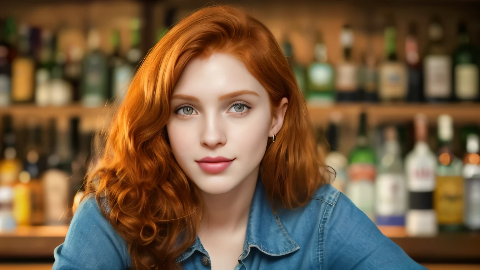 professional portrait of ginger redhead woman with pale medium curly hair, olhos verdes idade 15 anos, vestindo jaqueta preta de couro , wine blouse and jeans, em um bar de filme 2005 texas noite luzes quentes ao fundo fotografia profissional hd 8k retrato com detalhes nitidos(tiro grande angular, Editorial photography of a  super model pale ginger redhead woman ), (rosto altamente detalhado:1.4) (Sorriso:0.7) (fundo bar texas 2005, fundos quentes com luzes  estudo privado:1.3) POV, por Lee Jeffries, Nikon D850, fotografia de estoque de filme ,4Kodak Portra 400 ,f1 camera.6 lentes ,cores ricas ,hiper-realista ,textura realista, dramatic lighting , Cinemastill 800, (rosto altamente detalhado:1.4) (Sorriso:0.7),olhos perfeitos, Perfect iris, perfect lips, dentes perfeitos, pele perfeita, Luz frontal suave, brilho, HDR