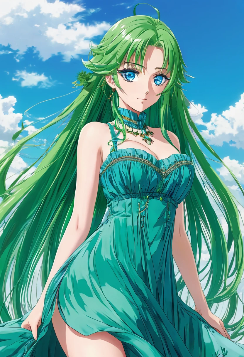 An anime girl with blue eyes and long green hair wearing a controversial dress