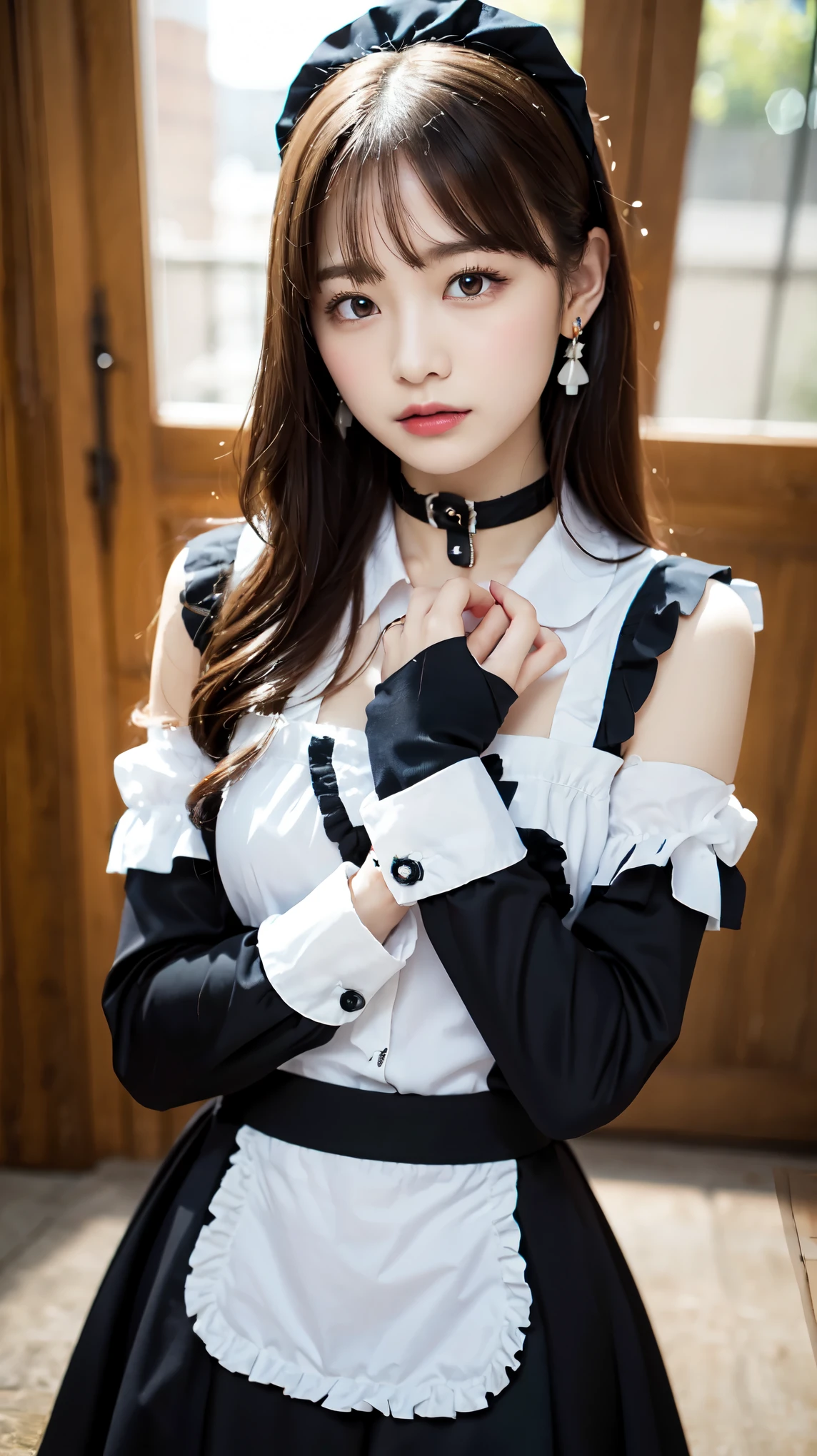 Wear the cutest gothic maid outfit in the world,The cutest maid choker in the world、The cutest gloves in the world、The most beautiful skin in the world、The most beautiful earrings in the world、The cutest sleeping face in the world、The cutest gravure idol pose in the world、perfect proportions、cute、((18 year old female:1.2))、young adorable japanese face，official art，Highly detailed CG Unity 8K wallpaper，（masterpiece:1.0),(highest quality:1.0), 超A high resolution,4k,Super detailed, photo shoot, 8K, nffsw, High resolution, kodak portrait 400, film grain, lens flare glow,高いest quality,8K,nffsw:1.2),portrait shot,8K、View viewer