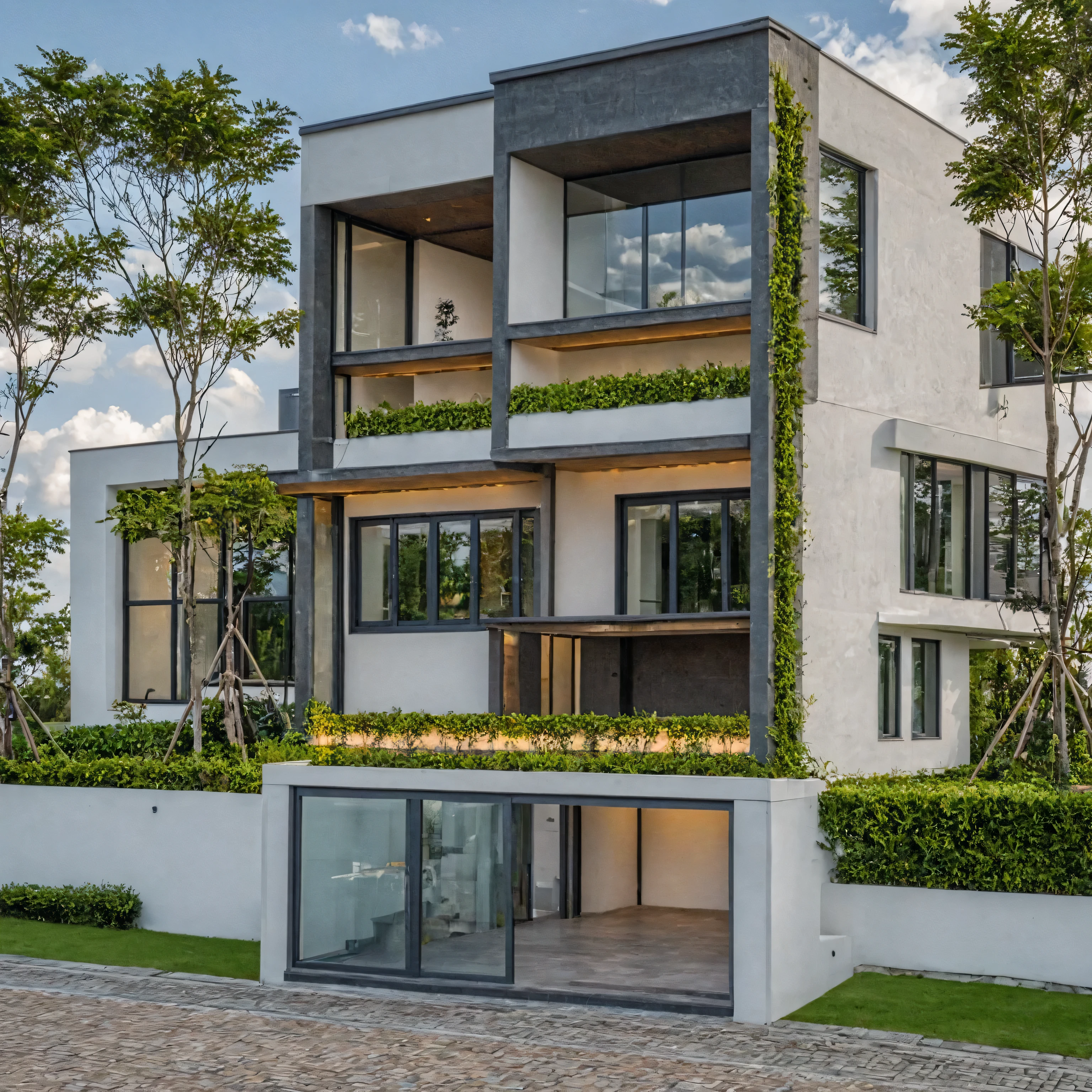 Masterpiece, high quality, best quality, authentic, super detail, outdoors, onestoreyvillaXL, aiaigroup, house style modern on the street ,stairs, white wall ,road,pavement, grass, trees, sky, cloud, (daylight:1.1)
