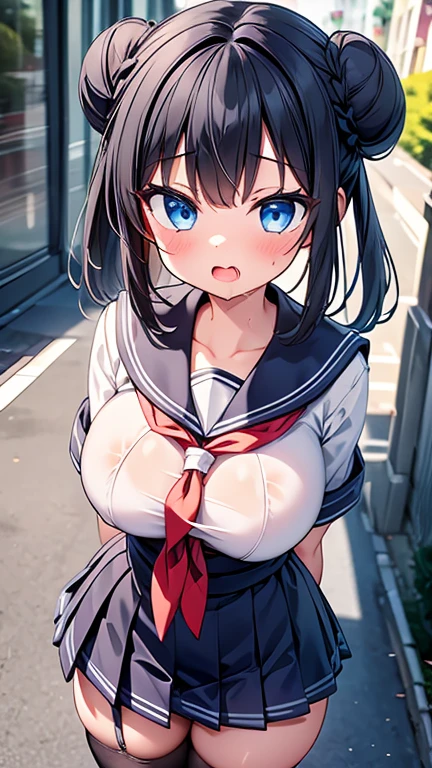 highest quality,wonderful,finely,extremely detailed CG Unity 8K wallpaper, (1 girl,black hair, blue eyes,double bun), (large breast:1.2), (sailor uniform:1.1), (open mouth:1.2), (long tongue:1.2), (mouth drool:1.2), (black stockings:1.1),(Thighs),(constriction),(standing:1.2)