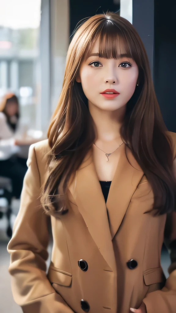 Best quality, 8k, ,Masterpiece :1.3)), facing viewer,((full body1.2)) ,pretty woman, wide shot ,1girl, , selfie , Office,, suits, brown hair , bangs,ultra-detailed face, highly detailed lips, detailed eyes, double eyelid