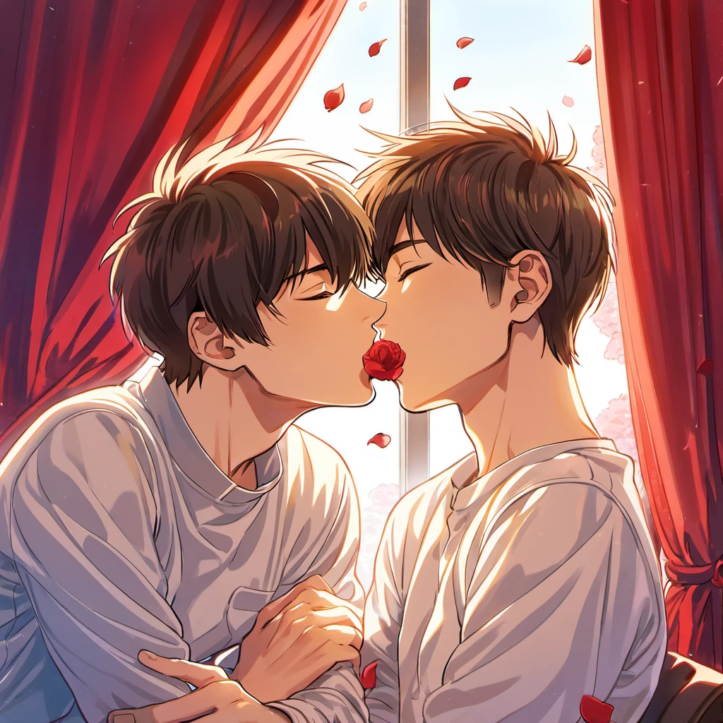 absurdres, highres, ultra detailed, HDR, master piece, best quality, Miyuki Kazuya kissing Sawamura Eijun, 2men together, gay couple, handsome, brown hair, medium-length brown hair messy and windswept, closed eyes, Diamond No Ace, window, red curtains, petals
