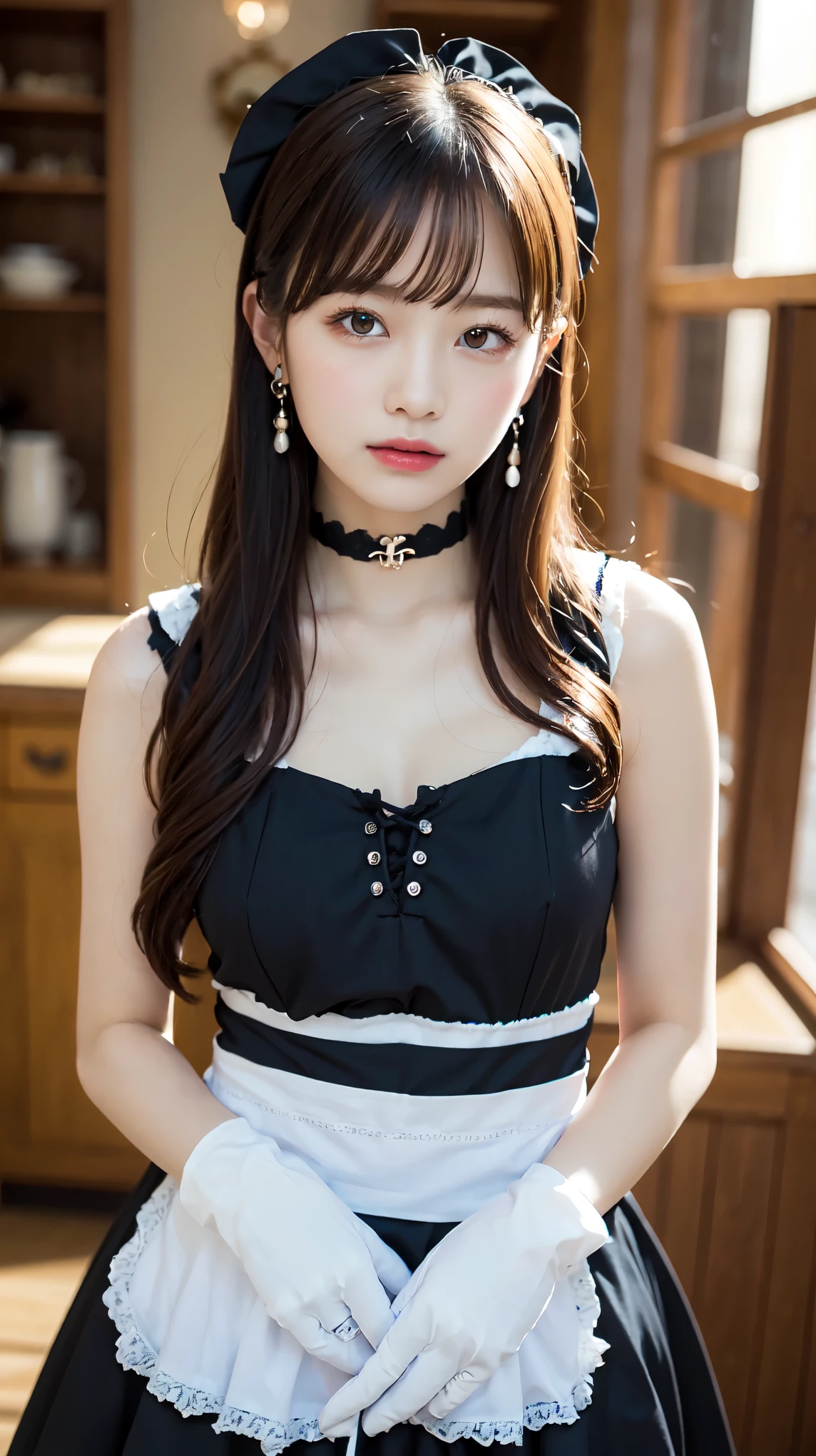 Wear the cutest gothic maid outfit in the world,The cutest maid choker in the world、The cutest gloves in the world、The most beautiful skin in the world、The most beautiful earrings in the world、The cutest sleeping face in the world、The cutest gravure idol pose in the world、perfect proportions、cute、((18 year old female:1.2))、young adorable japanese face，official art，Highly detailed CG Unity 8K wallpaper，（masterpiece:1.0),(highest quality:1.0), 超A high resolution,4k,Super detailed, photo shoot, 8K, nffsw, High resolution, kodak portrait 400, film grain, lens flare glow,高いest quality,8K,nffsw:1.2),portrait shot,8K、View viewer