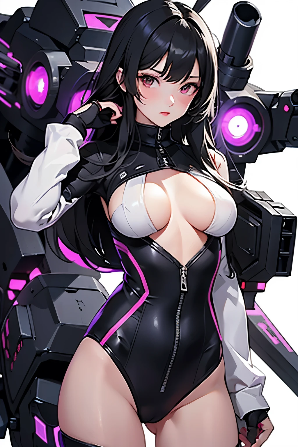 solo,1 girl,standing,whitebackground,nobackground,robot,mecha,science fiction,weapon,gun,paleskin,blackhair,blackcolors,purplecolors,edgy,spooky,emo,anime,style,waifu,background,holding,weapon,mechagirl,animegirl,gundamgirl,sexy,sexygirl,explicit,flatchest,moe,noclothes,ecchi,hentai,blackbodysuit,sexybodysuit,sexypose,azurlane,kantai collection,digitalart