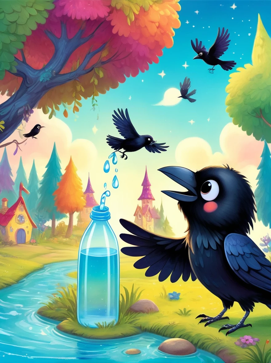 Show a scene from a children's book,In a fairytale setting,A cute crow trying to figure out how to drink water from a bottle,This scene is whimsical,Full of color and vibrant details,This is typical of children's stories.,The environment is characterized by unique trees,Featuring bright skies and magical elements,Bright colors,Can stimulate children's imagination,The crow has an exaggerated,cute features,Attractive to young readers,The background should capture the essence of an interesting and fascinating story