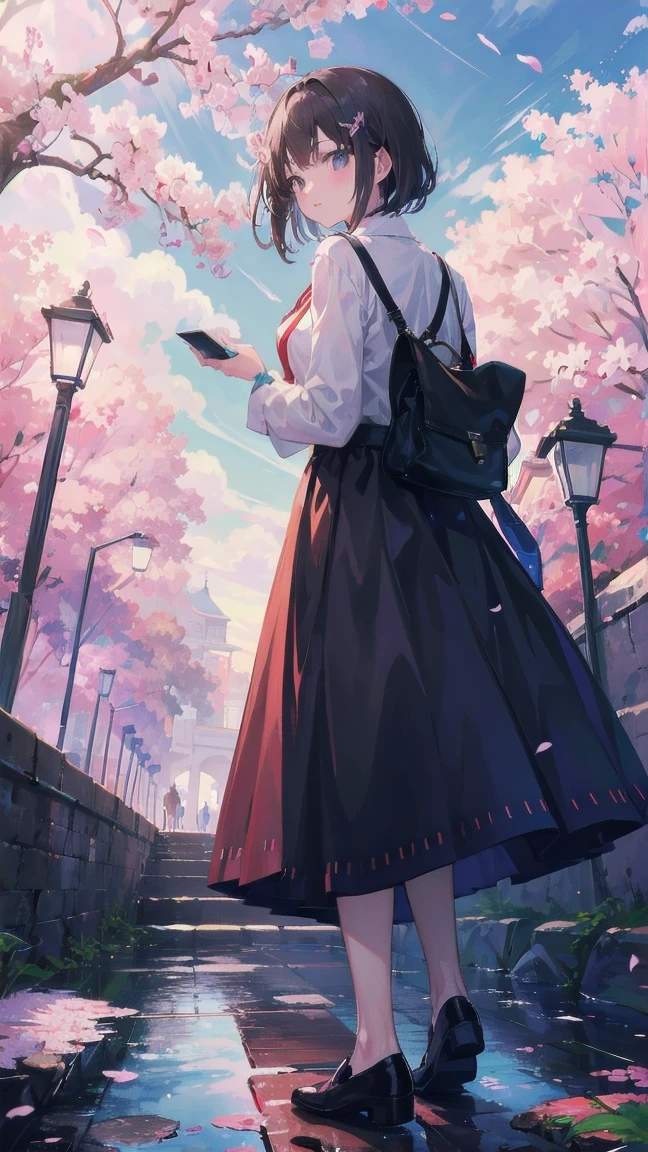 見上げるgirl シーン 1: Shadow of cherry blossoms at dusk A girl standing quietly with the sky behind her, of blue color. 彼女の目の前にそびえ立つのはバベルのtowerと呼ばれる巨大なcherry blossomsだ. shape, Like piercing the clouds, It'nice'How to get to the skies. girl'視線はcherry blossomsの頂上に向けられている.. tower, Bathed in the morning light, Creates a fantastic atmosphere. cherry blossomsの表面には複雑な模様が刻まれている.. old-fashioned. girl seemed to sense something deep within the cherry blossoms.. Is it a memory of a classic story?、Or is it a longing for an unknown fantasy world????? Scene 2: Starry sky memories, Countless stars twinkle in the blue sky、少女はtowerの頂上に立つ. At her feet, The city lights shine like jewels. girl takes a deep breath. 春風の匂いとtowerの古い匂いが混じる. girl'A famous story played out in my head.... girl read a story of adventure and friendship.。 . The main character of the story, girlのように, バベルのtowerに登りました. There, She met her friends、Overcoming various difficulties. one day、The girl had a dream。, Like the main character, I'Let me'go on an adventure. Scene 3: 朝焼けの約束 朝日の光がtowerを照らす頃、少女はtowerを出た. Please reconsider, towerは朝日に輝いて神々It even seemed. 少女はいつかまたこのtowerに登ると決めた. And she, She vows to tell the rest of the story. step by step, girl walked into the future,cherry blossoms,散らばるcherry blossoms,beautiful sky,black hair,short bob,Standing in the lake,Water up to my knees