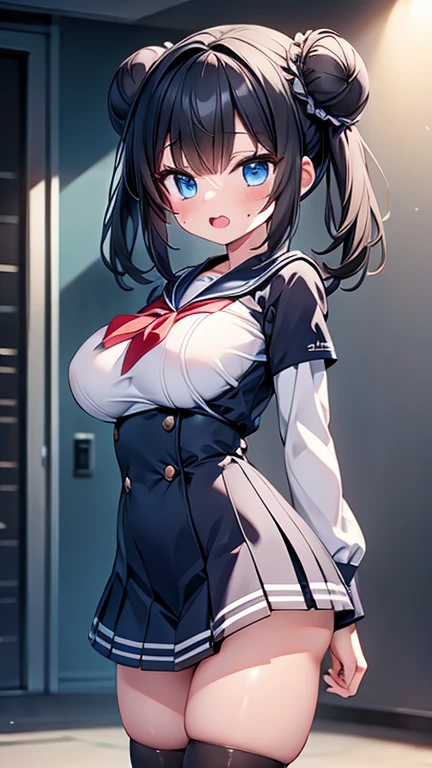 highest quality,wonderful,finely,extremely detailed CG Unity 8K wallpaper, (1 girl,black hair, blue eyes,double bun), (large breast:1.2), (sailor uniform:1.1), (open mouth:1.2), (long tongue:1.2), (mouth drool:1.2), (black stockings:1.1),(Thighs),(constriction),(standing:1.2)