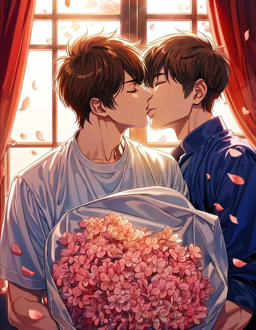 absurdres, highres, ultra detailed, HDR, master piece, best quality, Miyuki Kazuya kissing Sawamura Eijun, 2men together, gay couple, handsome, brown hair, medium-length brown hair messy and windswept, closed eyes, Diamond No Ace, window, red curtains, petals