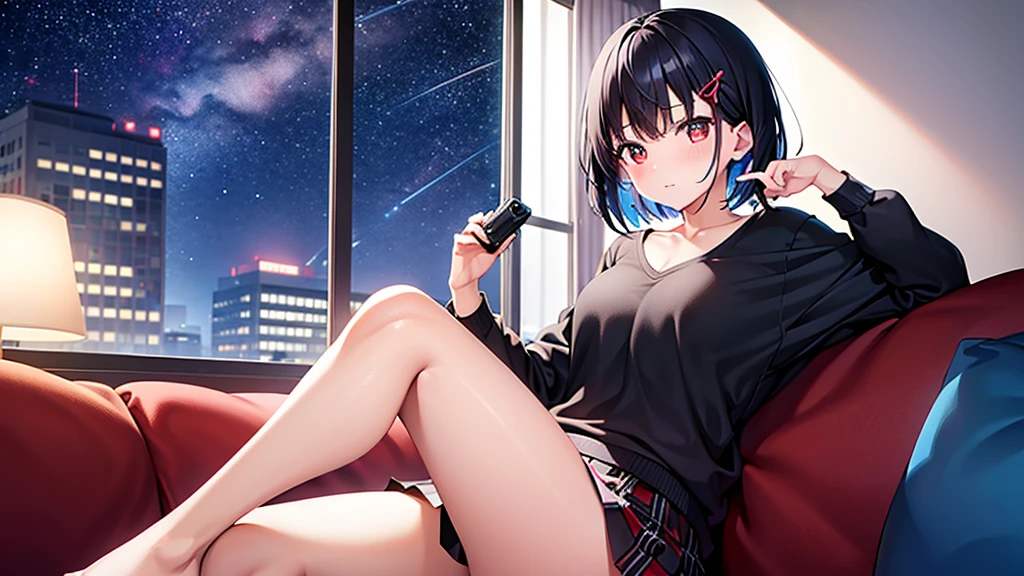 ((one woman))、NFSW、masterpiece、Highest image quality、ultra high resolution、Medium-sized elementary school girl、red and large eyes,、Black hair medium shorthair、The inside of the hair has blue coloring.、Two red hairpins、((Outside the window is a starry sky))、sitting on the sofa、seductive pose、poses that invite sex、sensual pose、(perfect body structure)、have a camera