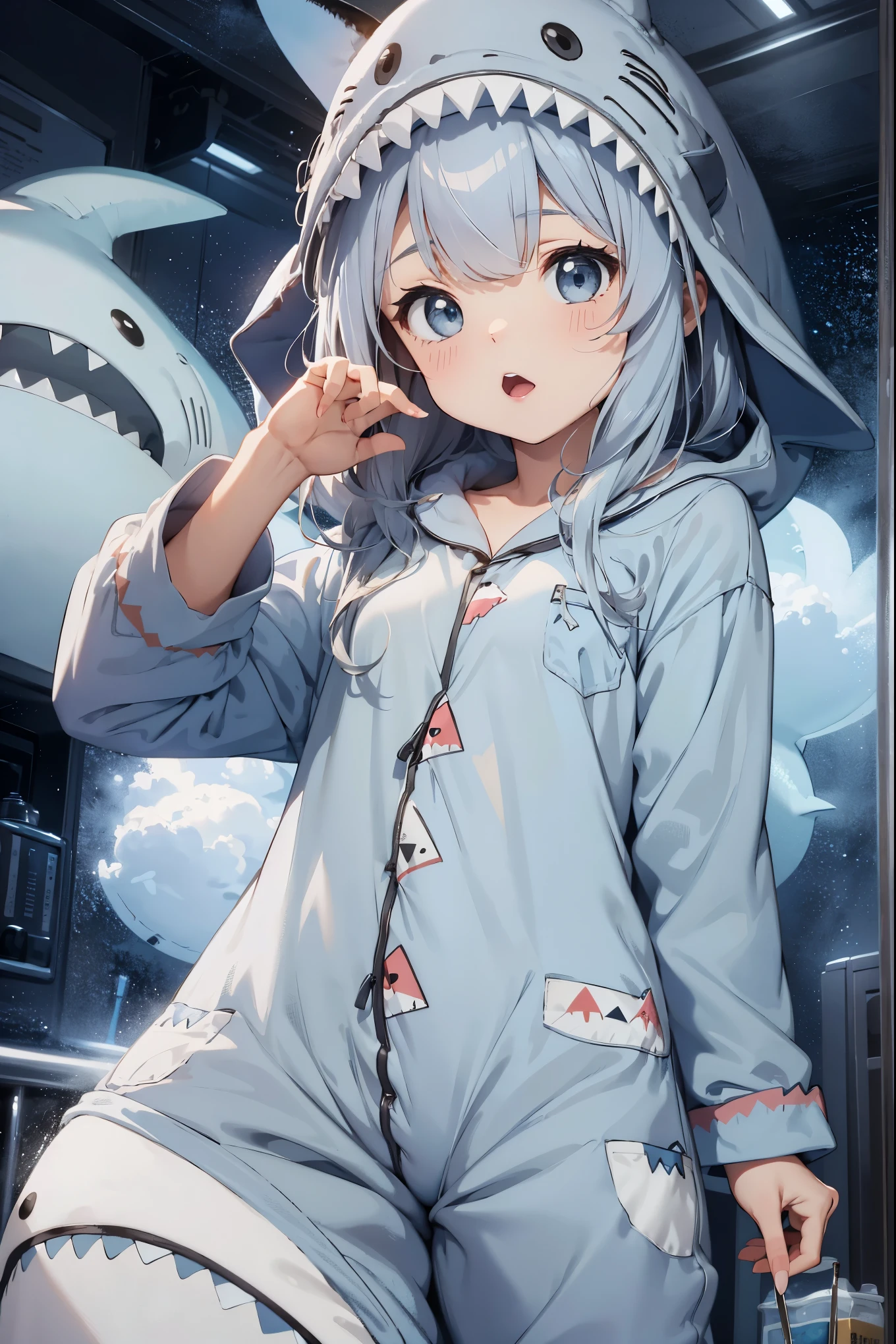 a bit, Nendoroid, ((worst quality, low quality)), ((close), profile,1.5 Left Facing), ( girl), gray hair, (Fluffy shark costume pajamas:1.4), (open income:1.2), (Pale light blue pajamas:1.4), Animal Hoodie, (hooded:1.Under the hoodie, oversized hoodie, five fingers, perfect hands, aquarium background, highest quality,Super detailed, masterpiece,