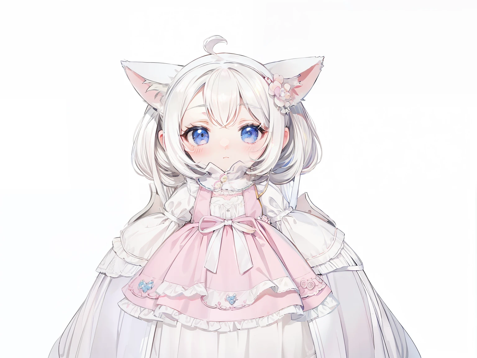 Beautiful illustration，best quality，in the room，pastel colors，maid_headgear,Jie Kang,white hair,Ji_cut,small breasts,,housemaid,Cat_ear,white eyelashes，in the room，