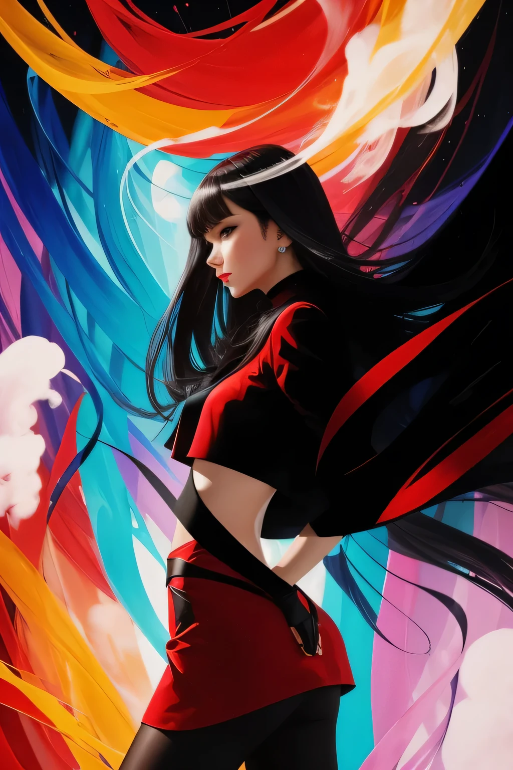 1woman wearing trendy clothes, in an abstract oil painting style, fashion show, The painting is ultra-high detailed and has a resolution of 8k, showcasing the best quality and craftsmanship. The background is colorful, with a touch of fog and smoky, creating a mysterious atmosphere.the city that never sleeps、oilcolor Touch,(a woman:1.2), , luminous design, vivit colours,spring lights,Artistic,azure, red (black pantyhose:1.1), black high heels, black short skirt