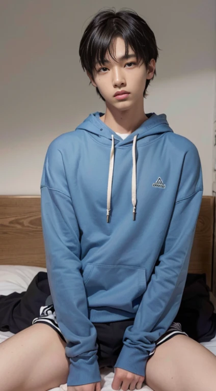 male student，with short black hair，Realistic graphics，high quality photos,Rough skin,Handsome Japan,slim body shape,above the chest、hoodie,20-year-old,melancholy expression,、Raw photo、one man in the world、detailed facial texture、Japan boy、Cool、wheat-colored skin、sunburn，on the bed、good eyes、spread legs、Show me your side、hairless、thin legs、boxer shorts、Slender、hoodieを着る、bulge in crotch