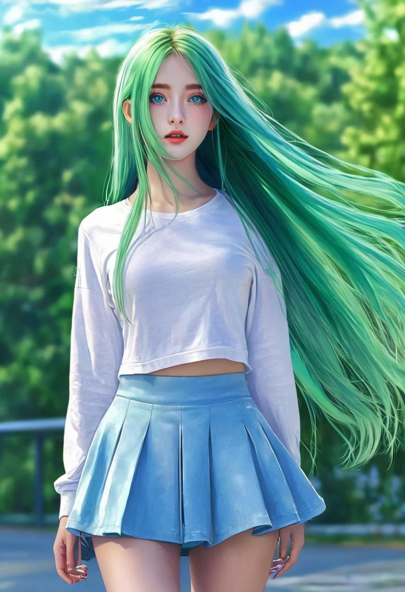 Realistic girl with long green hair, clear blue eyes like the sky, short skirt, long sleeves, beautiful 🎀✨