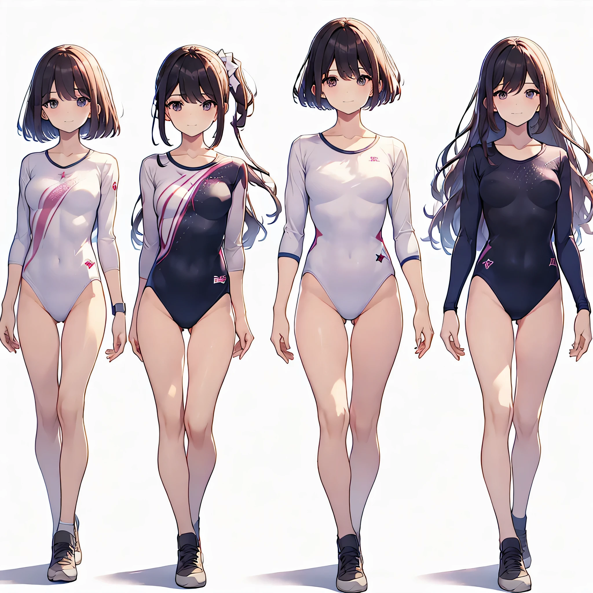 ((full body)),(masterpiece, best quality), (2 girls1.5) ,((Contrapposto:1.5)), looking at viewer, walking,((v_arms:1.2)), (wearing gymnastics_longsleeves_leotard_outfit leotard:1.3),(simple leotard:1.3),(pink leotard) ,,{{wearing gym suit:1.3 }}, BREAK masterpiece black hair, ((long hair:1.2)), ((parted bangs:1.3)), black eyes, good hand, ((small breasts)), (over 20 years old, under 25 years old:1.2), , spotlight, happy, smile, BREAK white background