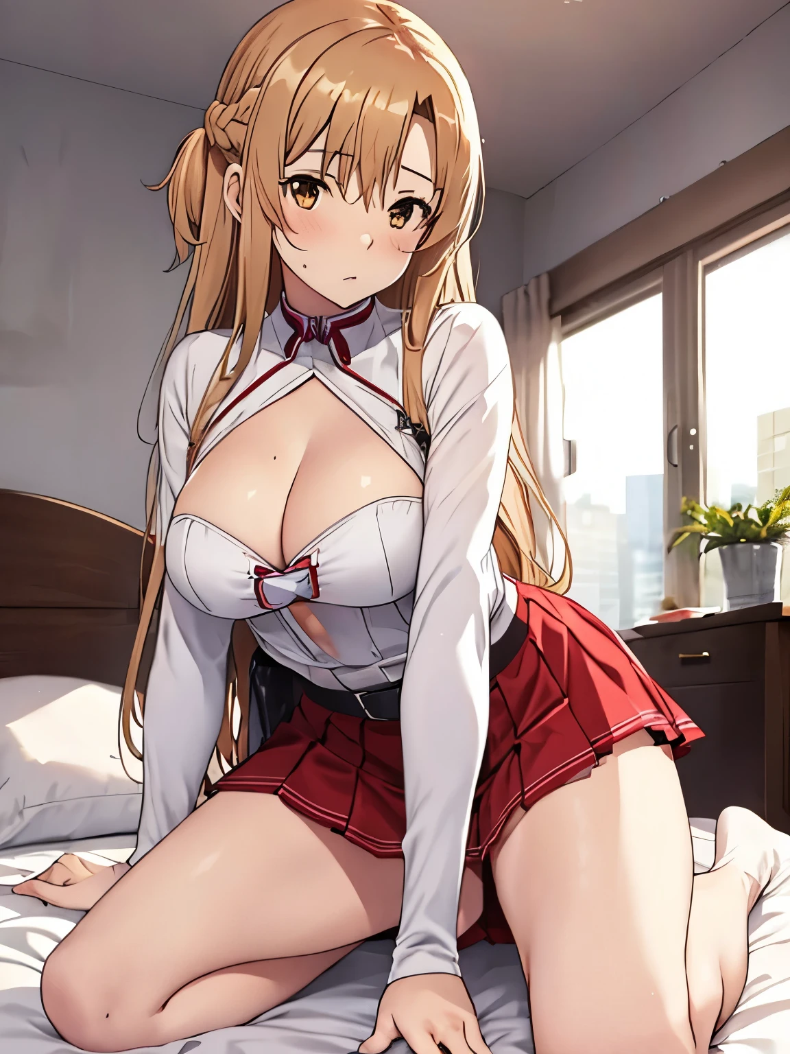 Asuna Yuki(Sword Art Online), dynamic angle, long bronze hair,Braid,brown eyes,fine eyes,big chest line,roll forward,armature,chest flap,long sleeve white shirt,removed sleeve,red and white skirt,pleated skirt,lively,Her thin legs are so cute.,very beautiful long legs.,white thighs,garter,perfect body,lively,Are standing,in the bedroom ,(((on the bed))),((skirt lift)), white lace panties,NSFW,kneel down,1 person、1 personの女の子