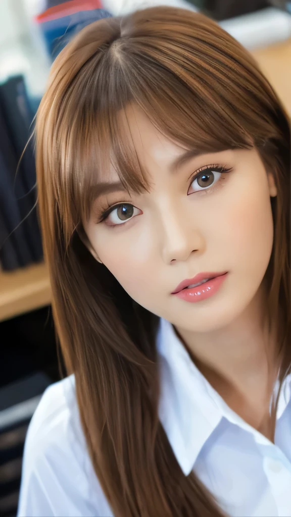 Best quality, 8k,  ,Masterpiece :1.3)), facing viewer,((full body1.2)) ,pretty woman, wide shot ,1girl, , selfie   , Office,,   suits, brown hair  , bangs,ultra-detailed face, highly detailed lips, detailed eyes, double eyelid