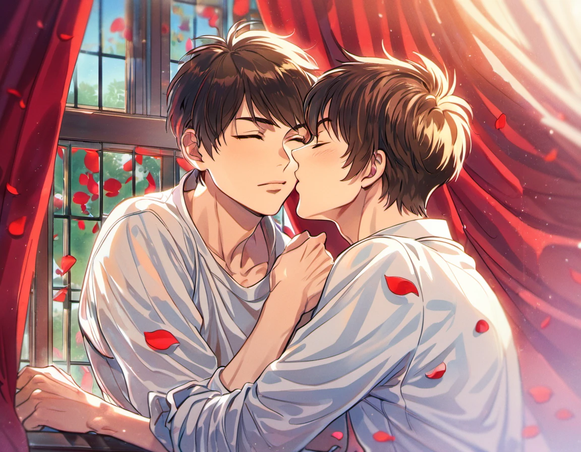 absurdres, highres, ultra detailed, HDR, master piece, best quality, Miyuki Kazuya kissing Sawamura Eijun, 2men together, gay couple, handsome, brown hair, medium-length brown hair messy and windswept, closed eyes, Diamond No Ace, window, red curtains, petals