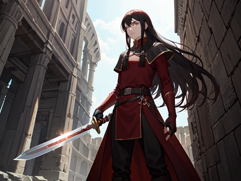 navarre, 1 person, long hair, boots, belt, side slits, trousers, black pantyhose, Chinese clothes, red shirt, long sleeve, sheath, sword, brown footwear, Elbow gloves, fingerless gloves, alone, focus, attitude, struggle, from below, Colosseum, Rome, Sky, light from above, soft light two handed sword