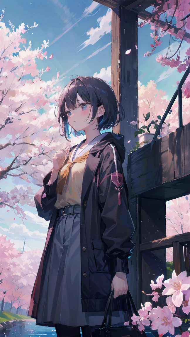見上げるgirl シーン 1: Shadow of cherry blossoms at dusk A girl standing quietly with the sky behind her, of blue color. 彼女の目の前にそびえ立つのはバベルのtowerと呼ばれる巨大なcherry blossomsだ. shape, Like piercing the clouds, It&#39;nice&#39;How to get to the skies. girl&#39;視線はcherry blossomsの頂上に向けられている.. tower, Bathed in the morning light, Creates a fantastic atmosphere. cherry blossomsの表面には複雑な模様が刻まれている.. old-fashioned. girl seemed to sense something deep within the cherry blossoms.. Is it a memory of a classic story?、Or is it a longing for an unknown fantasy world????? Scene 2: Starry sky memories, Countless stars twinkle in the blue sky、少女はtowerの頂上に立つ. At her feet, The city lights shine like jewels. girl takes a deep breath. 春風の匂いとtowerの古い匂いが混じる. girl&#39;A famous story played out in my head.... girl read a story of adventure and friendship.。 . The main character of the story, girlのように, バベルのtowerに登りました. There, She met her friends、Overcoming various difficulties. one day、The girl had a dream。, Like the main character, I&#39;Let me&#39;go on an adventure. Scene 3: 朝焼けの約束 朝日の光がtowerを照らす頃、少女はtowerを出た. Please reconsider, towerは朝日に輝いて神々It even seemed. 少女はいつかまたこのtowerに登ると決めた. And she, She vows to tell the rest of the story. step by step, girl walked into the future,cherry blossoms,散らばるcherry blossoms,beautiful sky,black hair,short bob,underwater,In the water